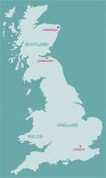 Map of the United Kingdom, highlighting Aberdeen, Scotland